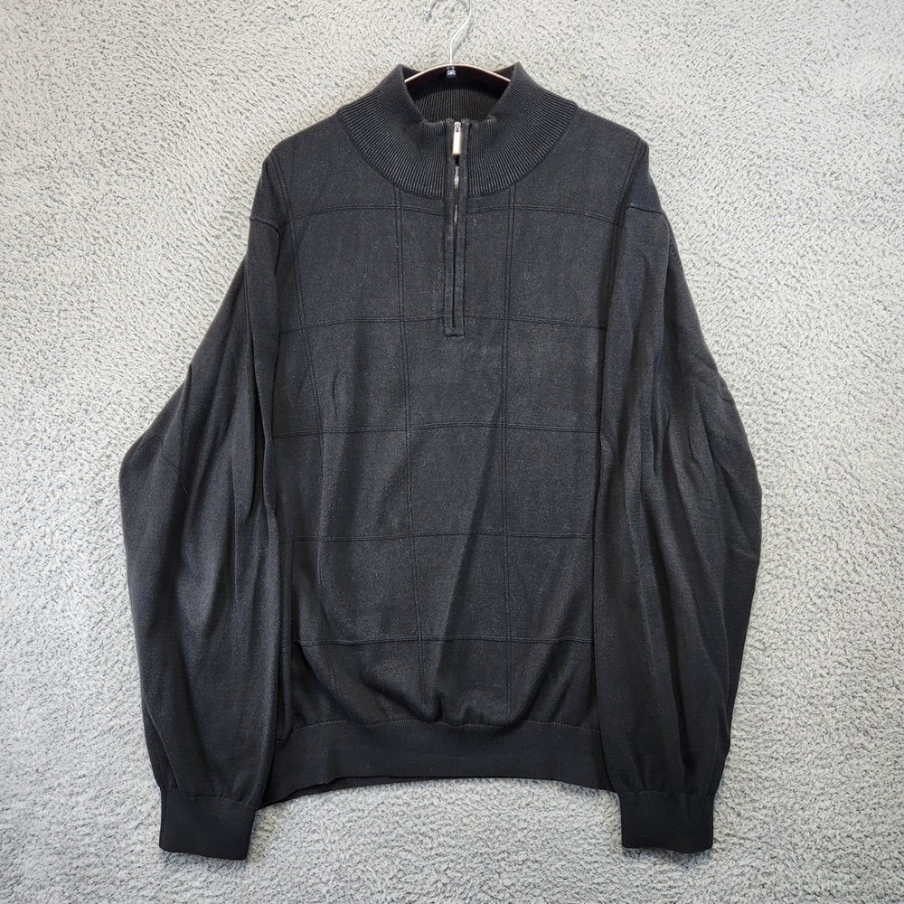 Van Heusen Mens Quarter Zip‎ Sweater Black Grid Pattern Pullover XXL Casual Cozy